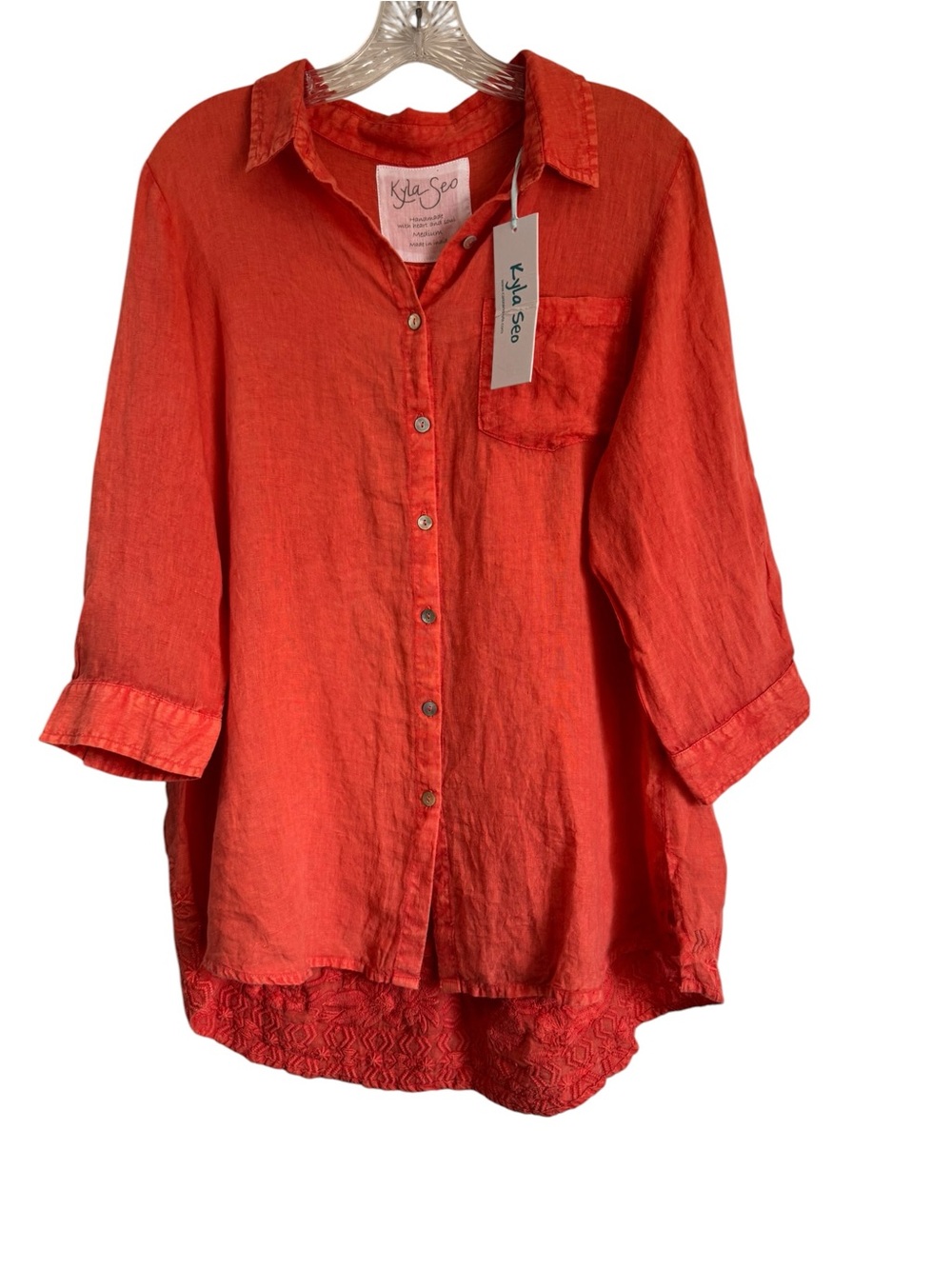 Kyla Seo Women Shirt Orange 100% Linen Button Down 3/4 Sleeve Boho Medium NEW